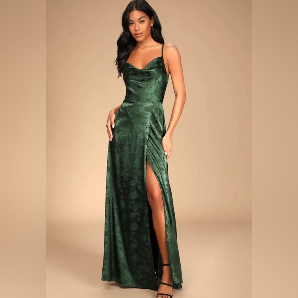 Brand New Simply Dreamy Emerald Green Satin Floral Jacquard Maxi Dress